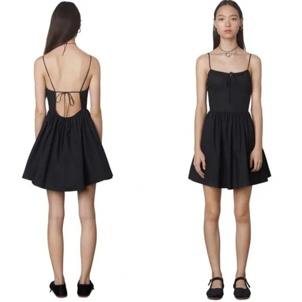 NIA‎ Amalfi Dress Womens Size Medium Mini Black Open Tie Back Cotton Poplin